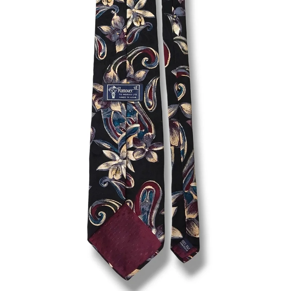 Vintage Hanover St USA Silk Necktie Wide Floral Paisley Black Burgundy Teal OS
